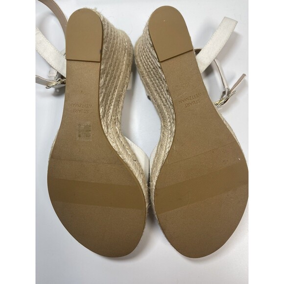 Stuart Weitzman Canvas Wedge Espadrilles In Cream W/Crystal Buckle Sz 10.5 New - Picture 11 of 12